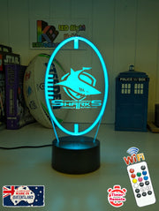 Cronulla Sharks custom 3D LED lamp with name engraving and colour-changing effects. Blue colour 