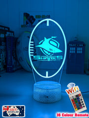 Personalised Cronulla Sharks LED night light featuring team logo outline and custom engraving. white  crackle base