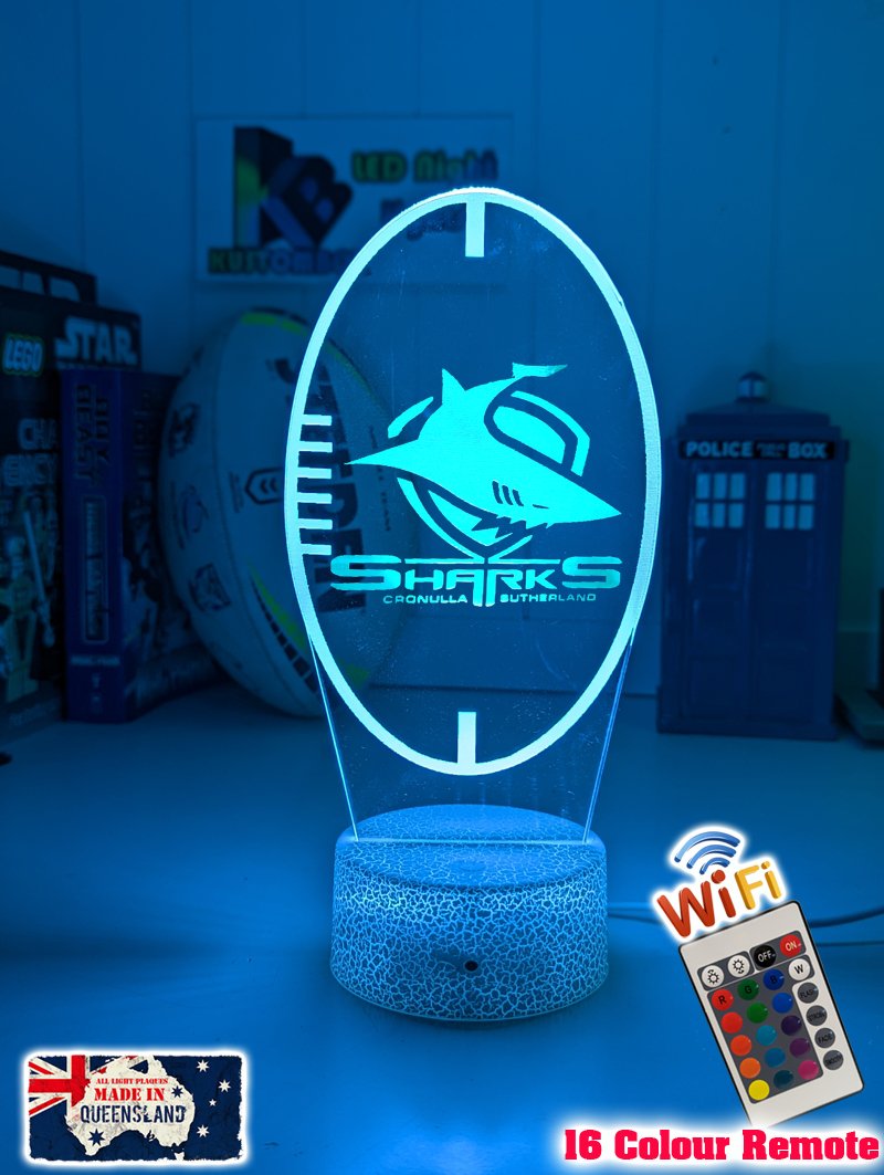Personalised Cronulla Sharks LED night light featuring team logo outline and custom engraving. white  crackle base