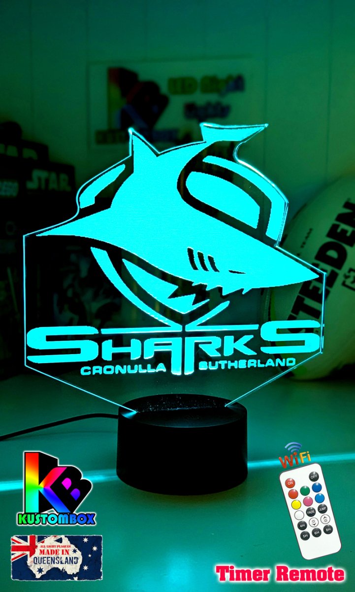 Personalised Cronulla Sharks 3D LED night light glowing in 7 colours, perfect for kids or mancaves