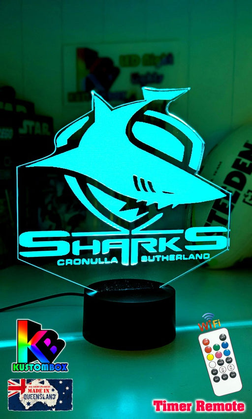 Personalised Cronulla Sharks 3D LED night light glowing in 7 colours, perfect for kids or mancaves