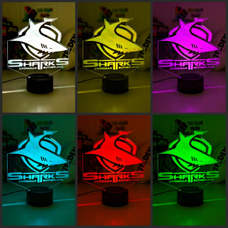 Custom Cronulla Sharks LED lamp with engraved name, multi-colour lighting for rugby league fans, colour collage lamp