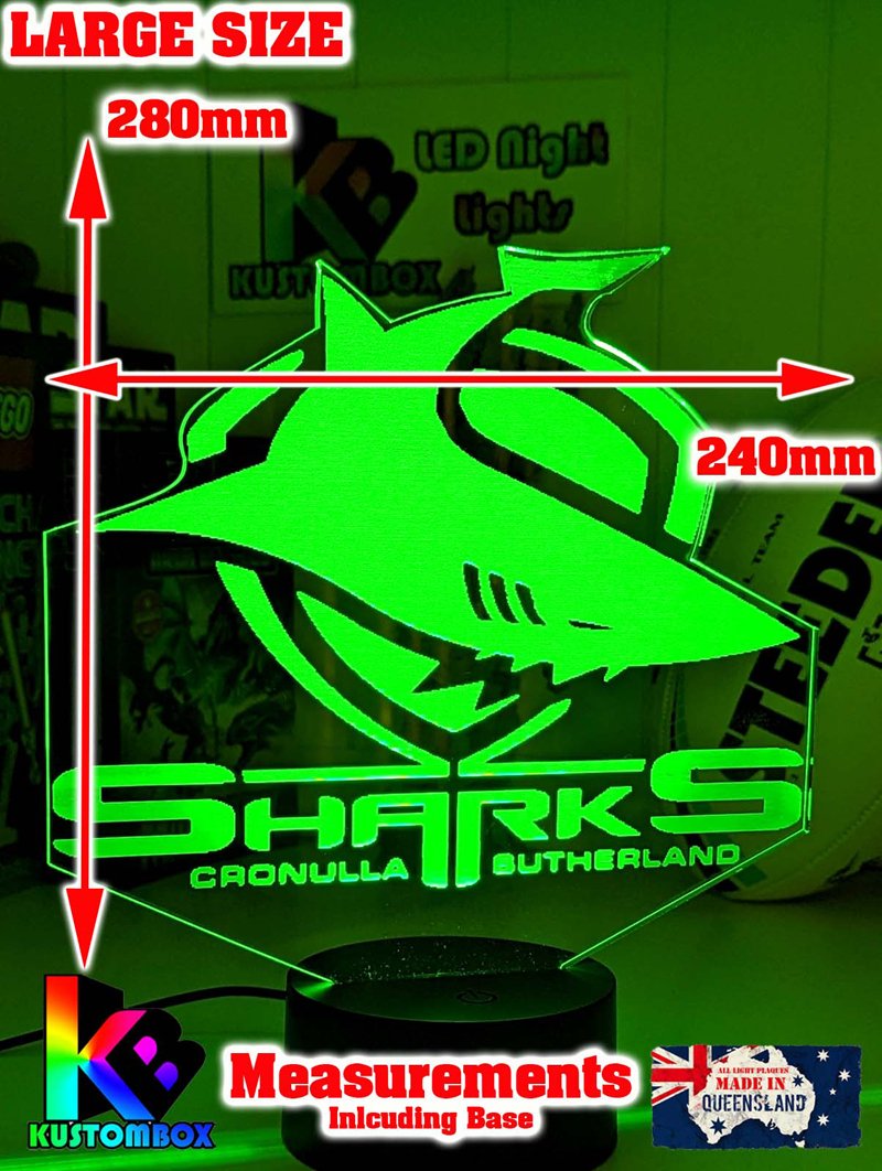 Cronulla Sharks custom 3D LED lamp with name engraving and colour-changing effects. Large size lamp