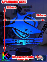 Personalised Cronulla Sharks LED night light featuring team logo outline and custom engraving. standard size measurement 