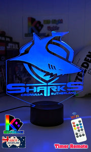Cronulla Sharks rugby league 3D LED night light with USB power and multi-colour fade mode