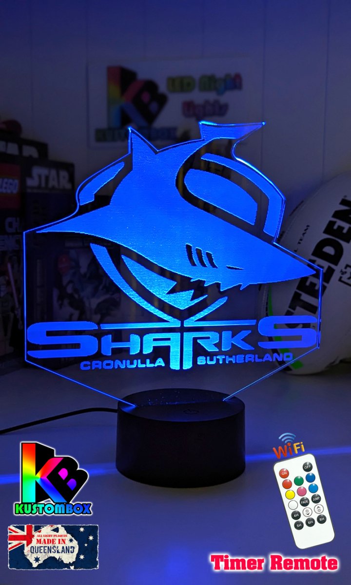 Cronulla Sharks rugby league 3D LED night light with USB power and multi-colour fade mode