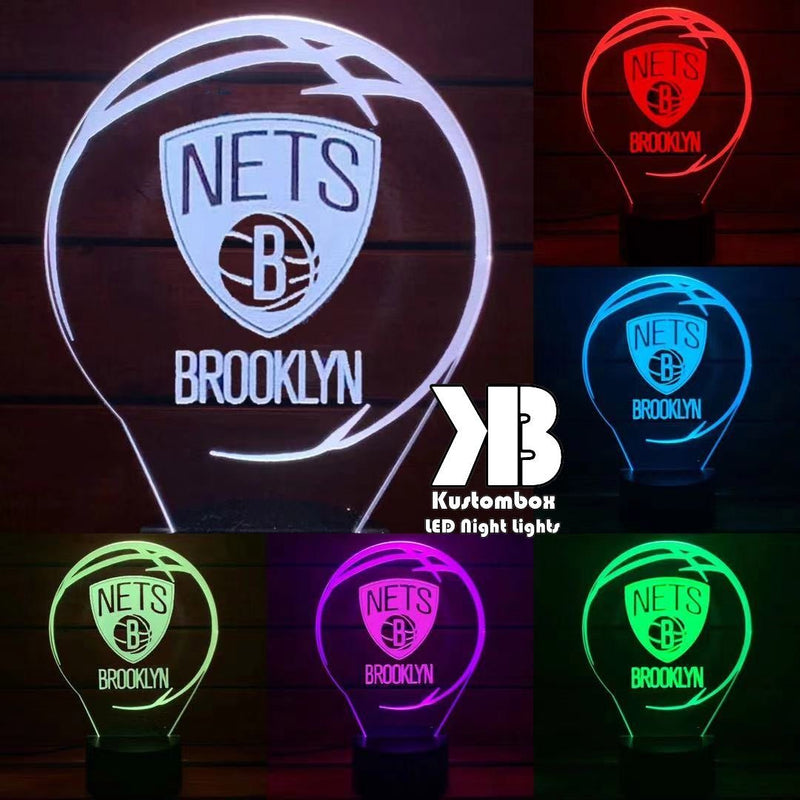 Brooklyn Nets 3D LED logo light, engraved with name or number, showing vivid team colours