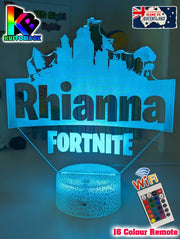 Close up of personalised name engraved on Fortnite 3D acrylic LED night light