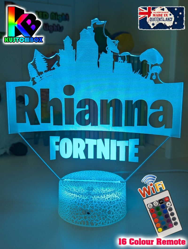 Close up of personalised name engraved on Fortnite 3D acrylic LED night light