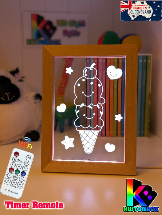 Cute Kawaii Ice cream Personalised Name Timber Picture Frame USB 3D LED Night Light Lamp - KustomboxNight Lights & Ambient LightingKustomboxTimber Frame Light