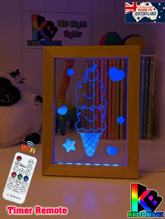 Cute Kawaii Ice cream Personalised Name Timber Picture Frame USB 3D LED Night Light Lamp - KustomboxNight Lights & Ambient LightingKustomboxTimber Frame Light