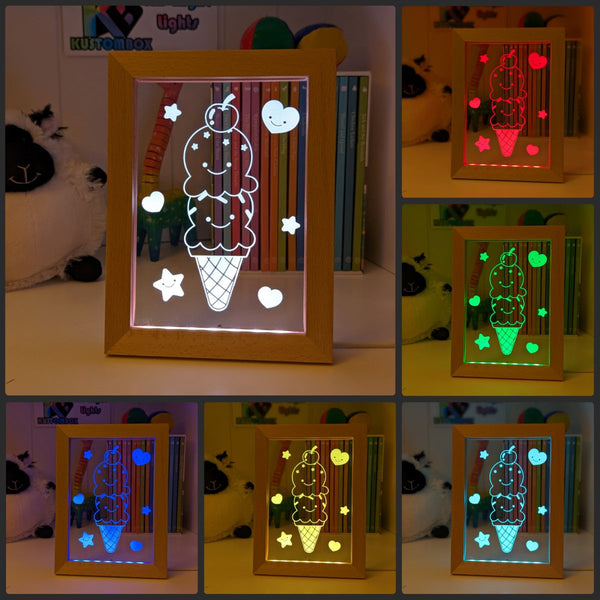 Cute Kawaii Ice cream Personalised Name Timber Picture Frame USB 3D LED Night Light Lamp - KustomboxNight Lights & Ambient LightingKustomboxTimber Frame Light