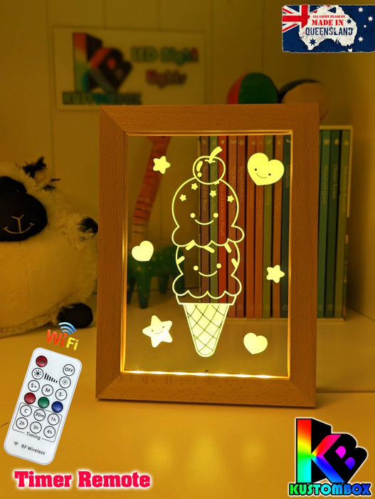 Cute Kawaii Ice cream Personalised Name Timber Picture Frame USB 3D LED Night Light Lamp - KustomboxNight Lights & Ambient LightingKustomboxTimber Frame Light