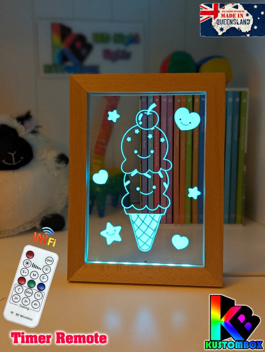 Cute Kawaii Ice cream Personalised Name Timber Picture Frame USB 3D LED Night Light Lamp - KustomboxNight Lights & Ambient LightingKustomboxTimber Frame Light