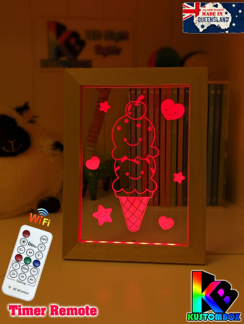 Cute Kawaii Ice cream Personalised Name Timber Picture Frame USB 3D LED Night Light Lamp - KustomboxNight Lights & Ambient LightingKustomboxTimber Frame Light
