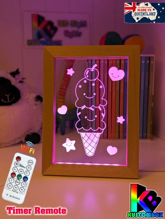 Cute Kawaii Ice cream Personalised Name Timber Picture Frame USB 3D LED Night Light Lamp - KustomboxNight Lights & Ambient LightingKustomboxTimber Frame Light