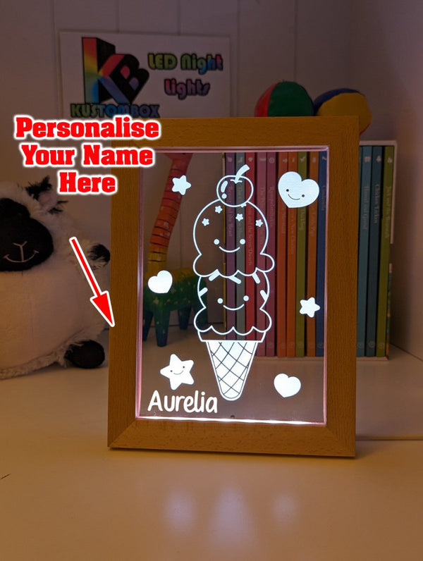 Cute Kawaii Ice cream Personalised Name Timber Picture Frame USB 3D LED Night Light Lamp - KustomboxNight Lights & Ambient LightingKustomboxTimber Frame Light