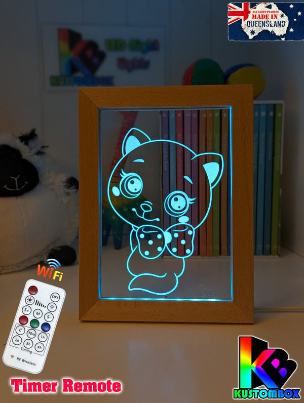 Cute Kitty Cat Personalised Name Timber Picture Frame USB 3D LED Night Light Lamp - KustomboxNight Lights & Ambient LightingKustomboxTimber Frame Light