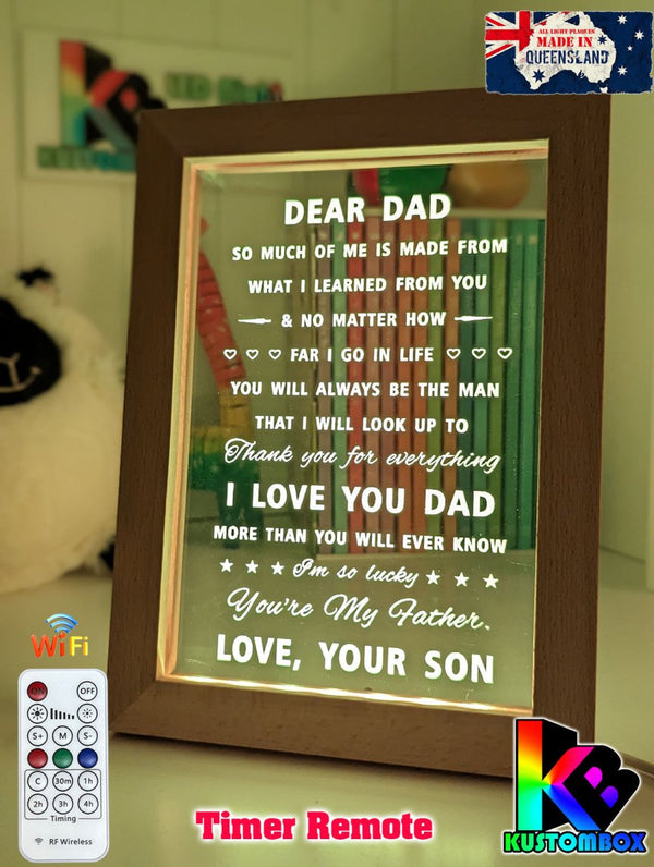 Dear Dad I Love You Personalised Message Quote Timber Frame USB 3D LED Night Light Lamp - KustomboxNight Lights & Ambient LightingKustomboxTimber Frame Light - $34.99