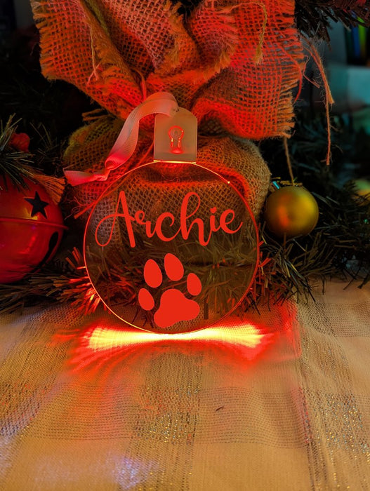 Dog Paw Christmas Personalised Name Bauble LED Hanging Decoration - KustomboxNight Lights & Ambient LightingKustomboxBauble - Standard Size