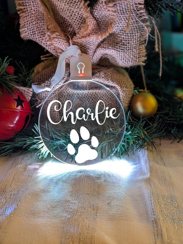 Dog Paw Christmas Personalised Name Bauble LED Hanging Decoration - KustomboxNight Lights & Ambient LightingKustomboxBauble - Standard Size