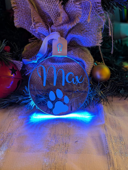 Dog Paw Christmas Personalised Name Bauble LED Hanging Decoration - KustomboxNight Lights & Ambient LightingKustomboxBauble - Standard Size