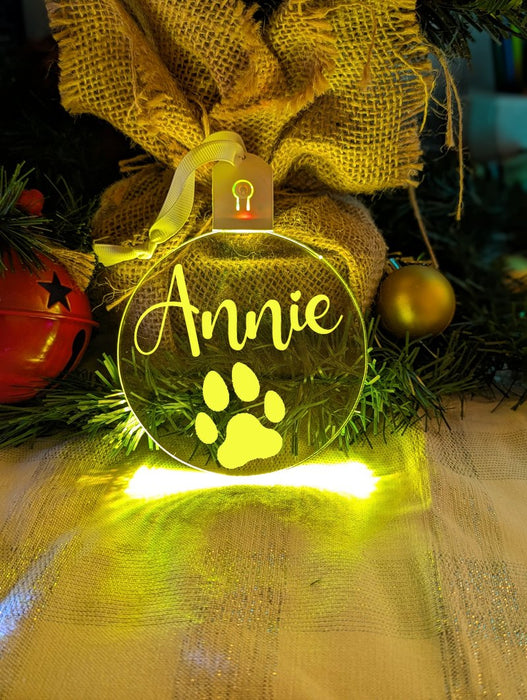 Dog Paw Christmas Personalised Name Bauble LED Hanging Decoration - KustomboxNight Lights & Ambient LightingKustomboxBauble - Standard Size
