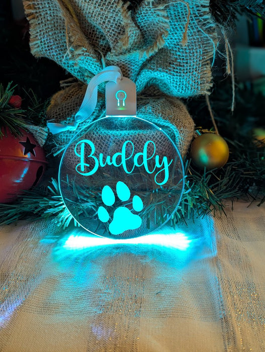 Dog Paw Christmas Personalised Name Bauble LED Hanging Decoration - KustomboxNight Lights & Ambient LightingKustomboxBauble - Standard Size