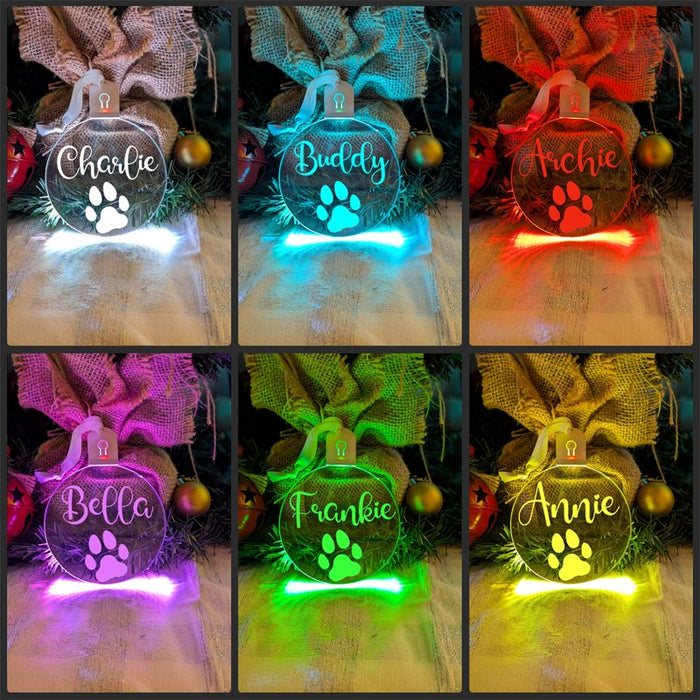 Dog Paw Christmas Personalised Name Bauble LED Hanging Decoration - KustomboxNight Lights & Ambient LightingKustomboxBauble - Standard Size