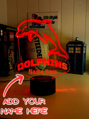 Custom Redcliffe Dolphins LED lamp with engraved name, multi-colour lighting for rugby league fans, add name option 