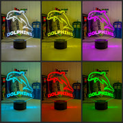 Redcliffe Dolphins logo 3D acrylic light with 16-colour remote, ideal NRL gift for bedroom or bar. Colour collage 