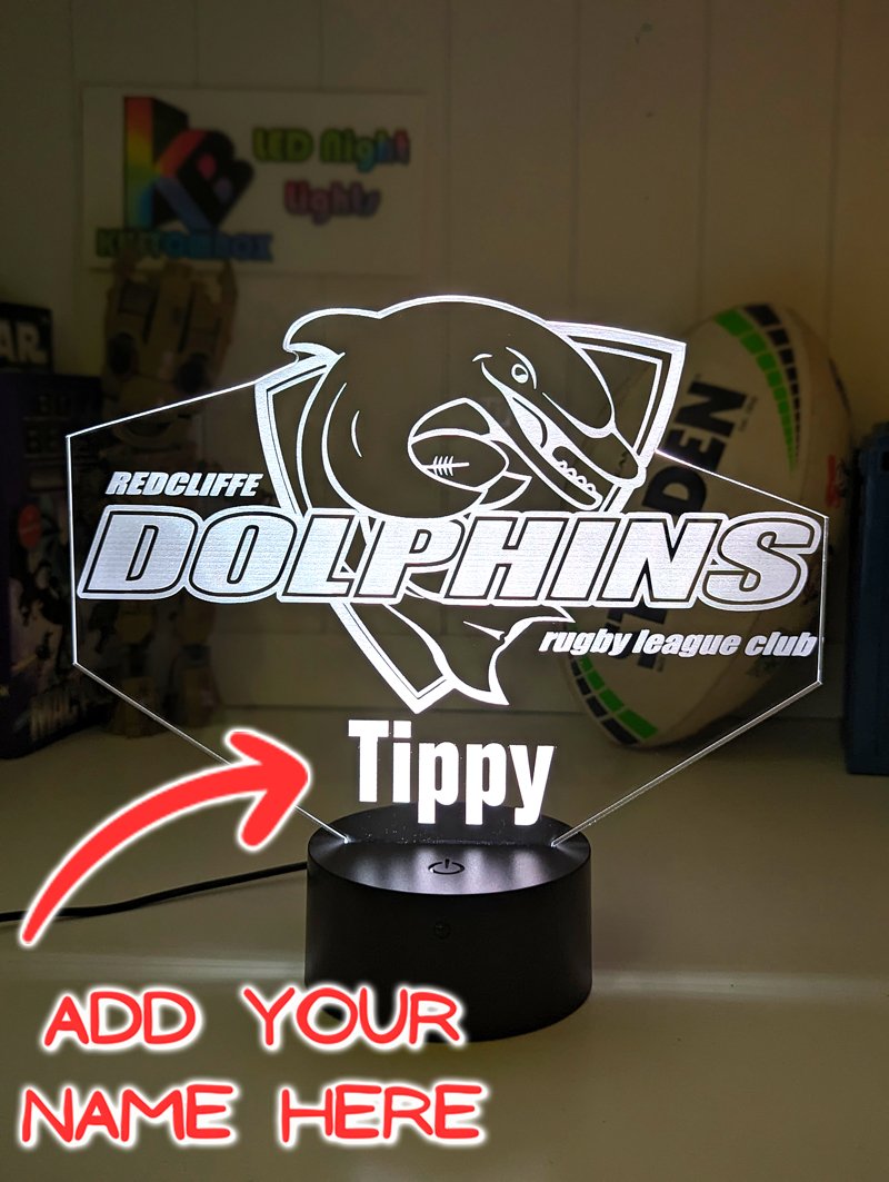 Custom Redcliffe Dolphins Rugby League team LED lamp with engraved name, multi-colour lighting for rugby league fans