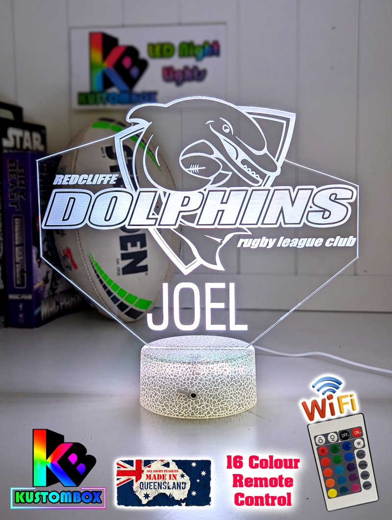 Redcliffe Dolphins Rugby League team rugby league 3D LED night light with USB power and multi-colour fade mode. personalise your name