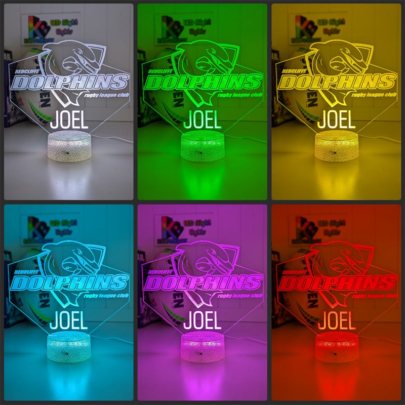 Personalised Redcliffe Dolphins Rugby League team LED night light featuring team logo outline and custom engraving
