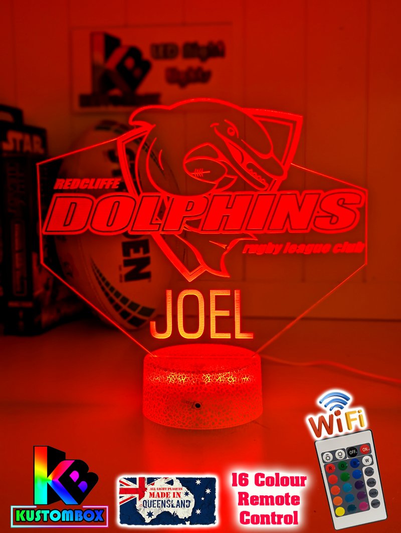Redcliffe Dolphins Rugby League team logo 3D acrylic light with 16-colour remote, ideal NRL gift for bedroom or bar, white crackle base