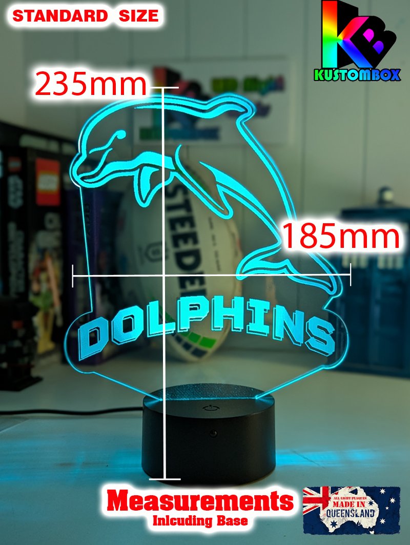 Redcliffe Dolphins custom 3D LED lamp with name engraving and colour-changing effects. standard size lamp 