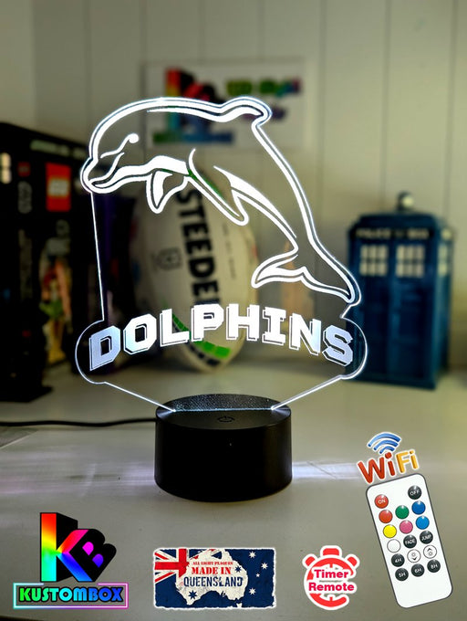 Personalised Redcliffe Dolphins 3D LED night light glowing in 7 colours, perfect for kids or man caves