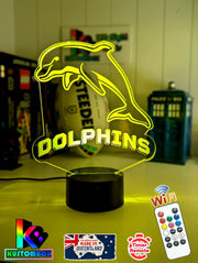 Dolphins Rugby League Football Club Personalised Redcliffe Dolphins LED night light featuring team logo outline and custom engraving