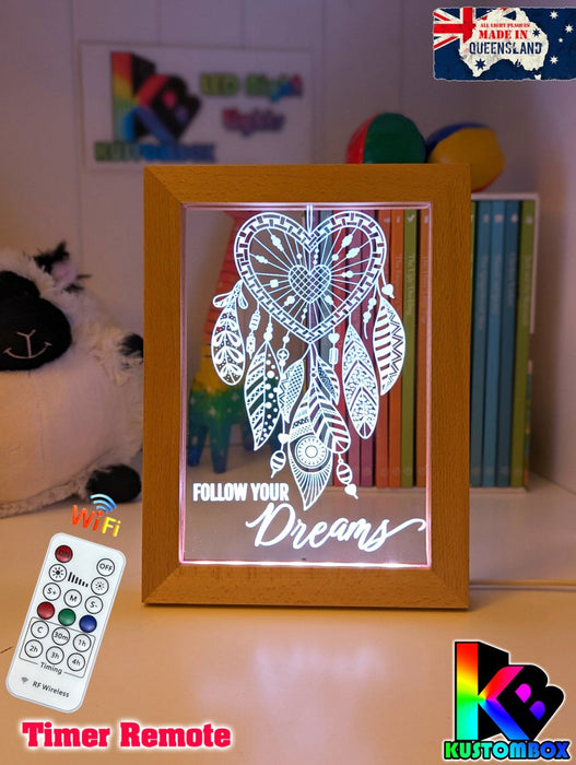 Dream Catcher Follow your Dreams Personalised Name Timber Frame base USB 3D LED Night Light + Remote - KustomboxNight Lights & Ambient LightingKustomboxTimber Frame Light