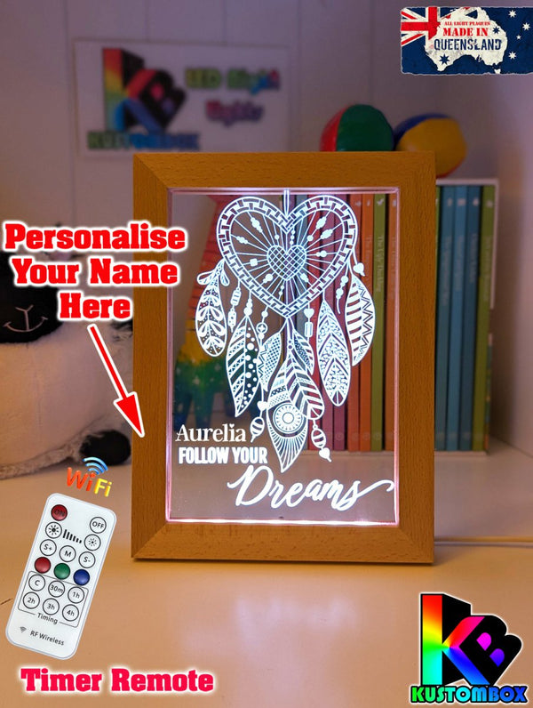 Dream Catcher Follow your Dreams Personalised Name Timber Frame base USB 3D LED Night Light + Remote - KustomboxNight Lights & Ambient LightingKustomboxTimber Frame Light