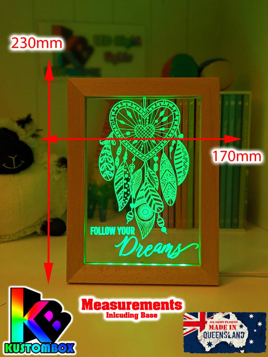 Dream Catcher Follow your Dreams Personalised Name Timber Frame base USB 3D LED Night Light + Remote - KustomboxNight Lights & Ambient LightingKustomboxTimber Frame Light