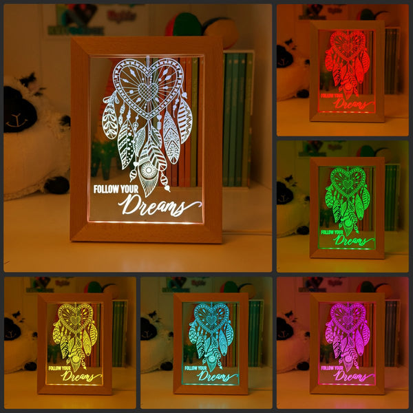 Dream Catcher Follow your Dreams Personalised Name Timber Frame base USB 3D LED Night Light + Remote - KustomboxNight Lights & Ambient LightingKustomboxTimber Frame Light