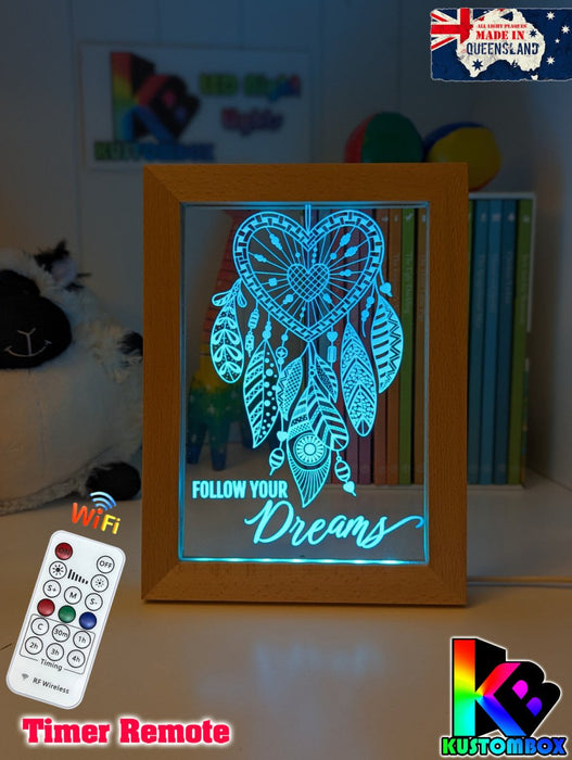 Dream Catcher Follow your Dreams Personalised Name Timber Frame base USB 3D LED Night Light + Remote - KustomboxNight Lights & Ambient LightingKustomboxTimber Frame Light