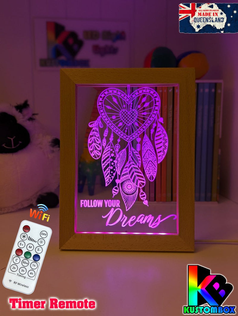 Dream Catcher Follow your Dreams Personalised Name Timber Frame base USB 3D LED Night Light + Remote - KustomboxNight Lights & Ambient LightingKustomboxTimber Frame Light
