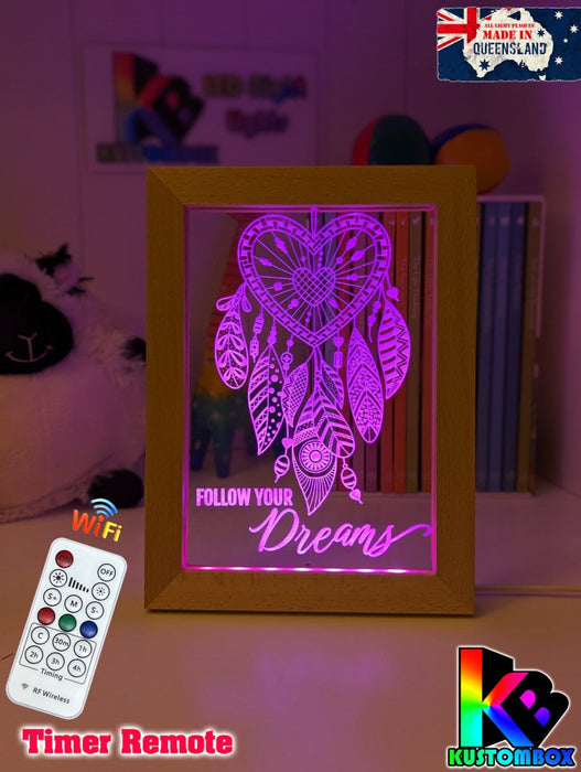 Dream Catcher Follow your Dreams Personalised Name Timber Frame base USB 3D LED Night Light + Remote - KustomboxNight Lights & Ambient LightingKustomboxTimber Frame Light