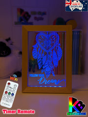 Dream Catcher Follow your Dreams Personalised Name Timber Frame base USB 3D LED Night Light + Remote - KustomboxNight Lights & Ambient LightingKustomboxTimber Frame Light