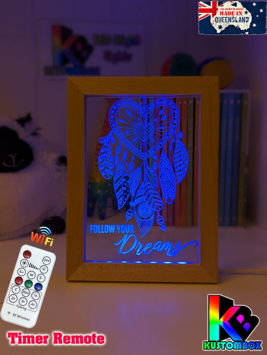 Dream Catcher Follow your Dreams Personalised Name Timber Frame base USB 3D LED Night Light + Remote - KustomboxNight Lights & Ambient LightingKustomboxTimber Frame Light