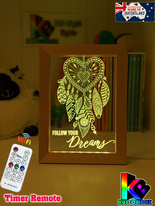 Dream Catcher Follow your Dreams Personalised Name Timber Frame base USB 3D LED Night Light + Remote - KustomboxNight Lights & Ambient LightingKustomboxTimber Frame Light