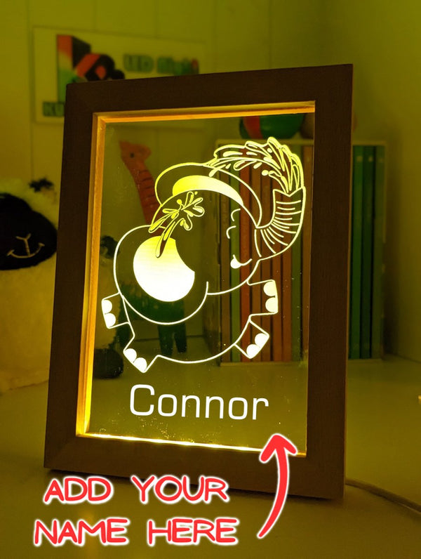 Elephant Safari Animal - Personalised Name Timber Frame USB 3D LED Night Light Lamp - KustomboxNight Lights & Ambient LightingKustomboxTimber Frame Light - $34.99