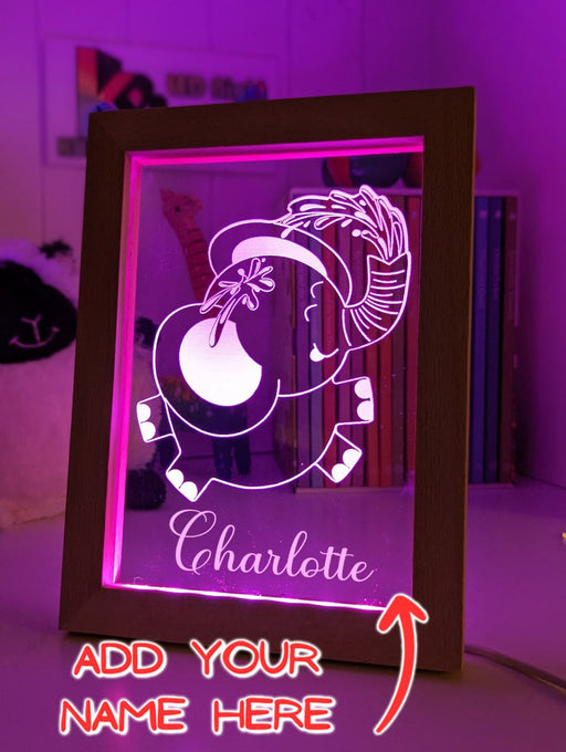 Elephant Safari Animal - Personalised Name Timber Frame USB 3D LED Night Light Lamp - KustomboxNight Lights & Ambient LightingKustomboxTimber Frame Light - $34.99